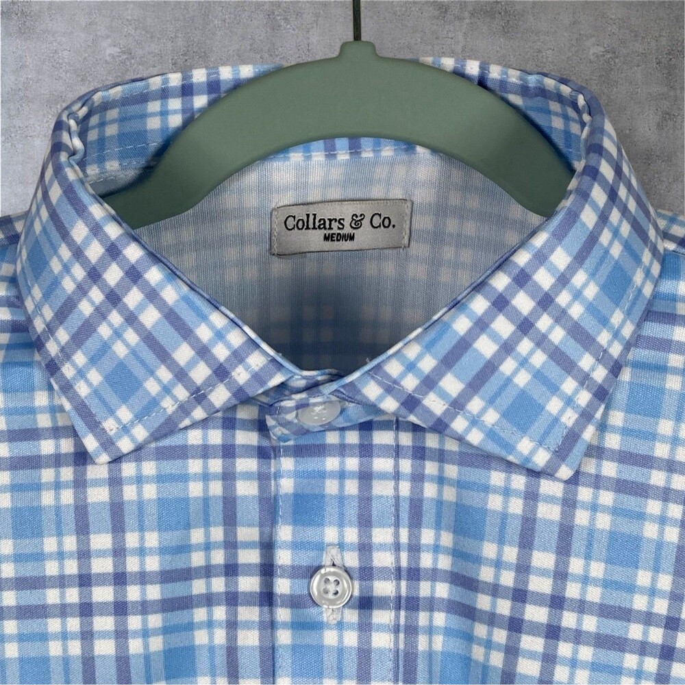 Collars & Co Polo Shirt Mens Medium Blue Purple Plaid Dress Collar Coastal NEW